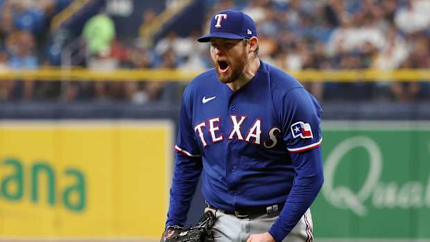Former Texas Rangers starting pitcher Jordan Montgomery reacts after striking out Tampa Bay Rays pinch hitter Junior Caminero to end the seventh inning during Game 1 of the Wild Card series at Tropicana Field. Montgomery held the Rays scoreless over seven innings in the Rangers 4-0 win.